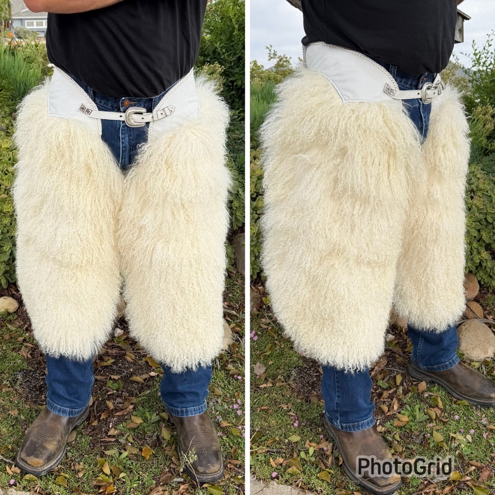 Wooly Rodeo Chinks Cowboy Western Chaps Mongolian Lamb Fur White Leather GUC